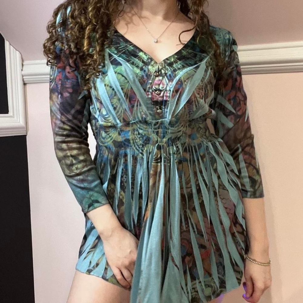 y2k blue multicolored abstract print baby doll top / mini dress medium